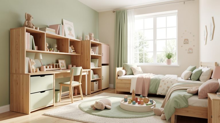 Chambre d’enfant lumineuse et évolutive avec rangements en bois, bureau, tapis de jeu et décoration douce aux tons pastel.