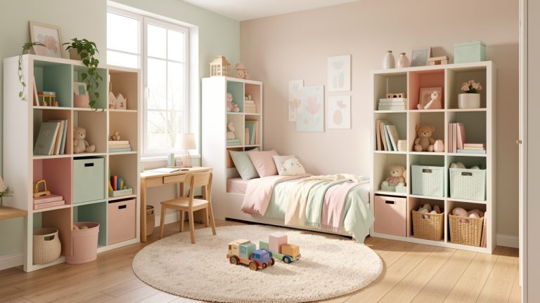 Chambre d’enfant lumineuse et évolutive avec rangements modulables, petit bureau, tapis doux et décoration aux tons pastel.