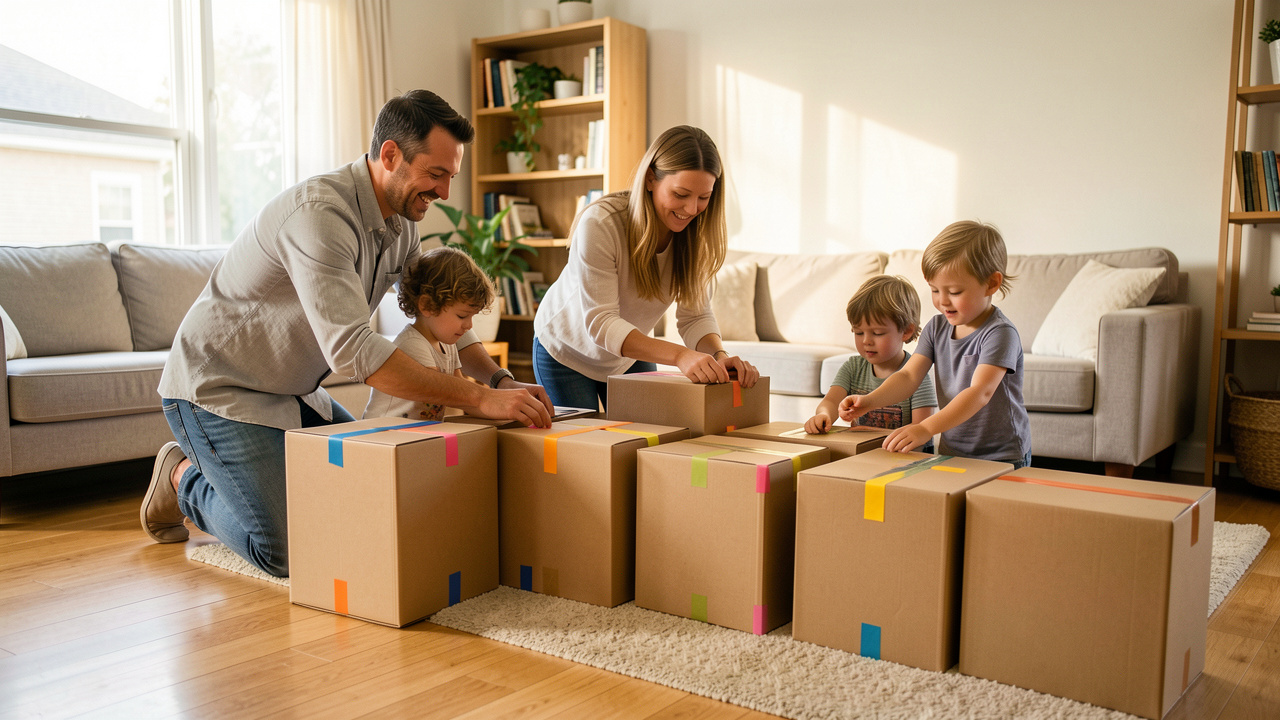 Une famille composée d’un homme, d’une femme et de deux enfants organise des cartons de déménagement dans un salon lumineux.