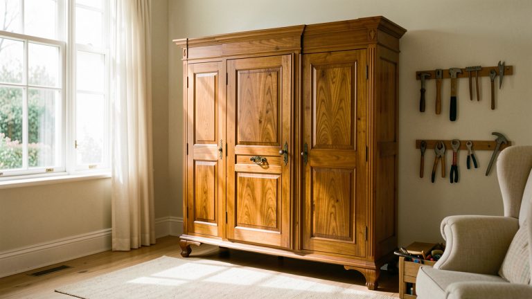 Meuble ancien en bois rénové dans un salon lumineux, accompagné d’outils de restauration soigneusement disposés à côté.