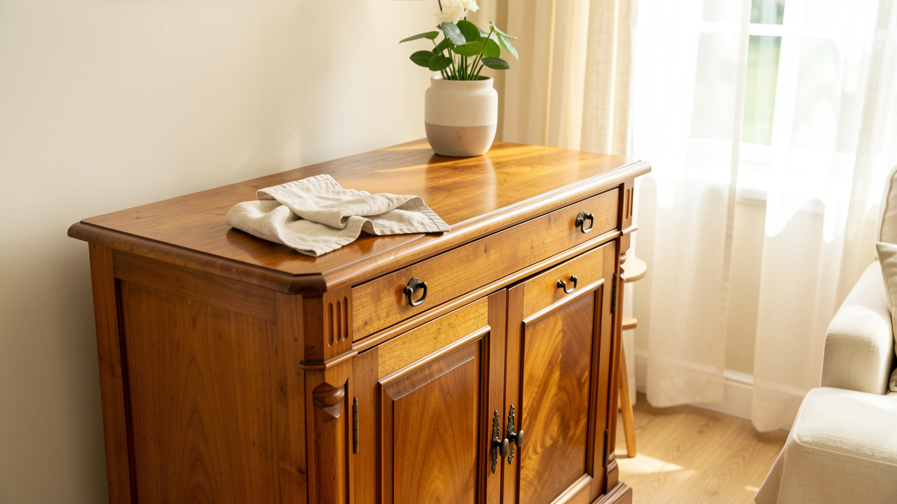 Meuble ancien en bois entretenu délicatement avec un chiffon naturel dans un salon lumineux et chaleureux.