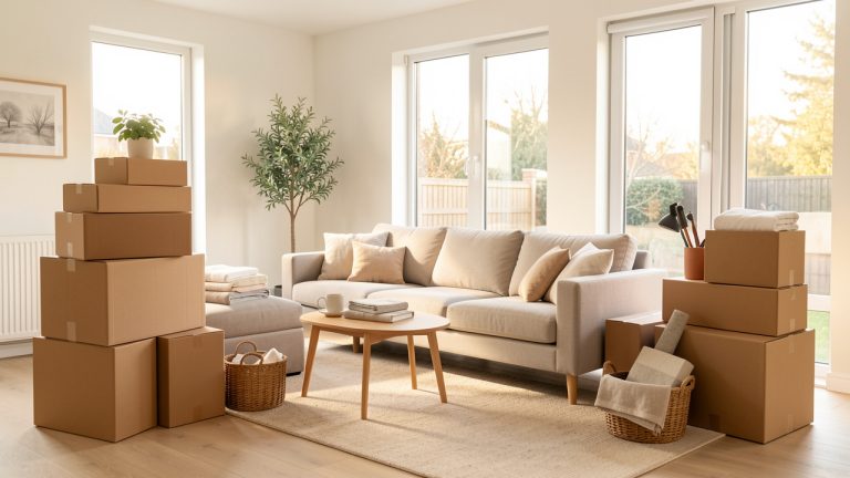 Salon moderne et lumineux en plein déménagement, avec des cartons simples soigneusement empilés et des objets bien rangés.