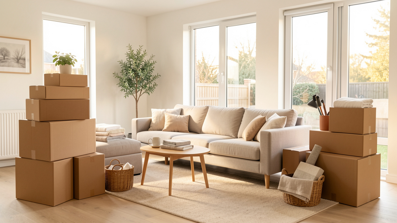 Salon moderne et lumineux en plein déménagement, avec des cartons simples soigneusement empilés et des objets bien rangés.