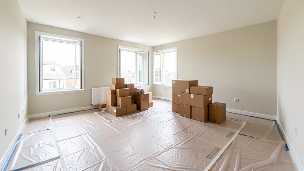 Appartement lumineux prêt pour une rénovation, avec des pièces dégagées, des cartons soigneusement rangés et les sols protégés.