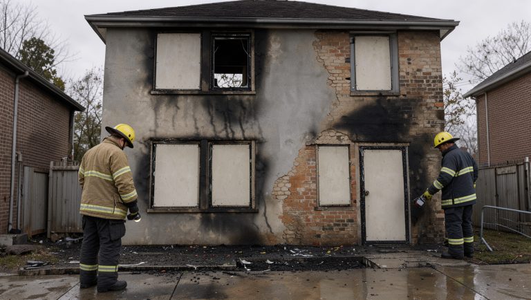 Maison endommagée par un incendie, avec façade noircie et fenêtres protégées, tandis que deux pompiers équipés interviennent calmement dans une ambiance documentaire.