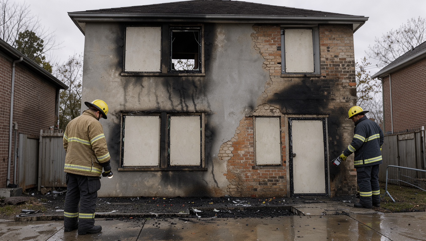 Maison endommagée par un incendie, avec façade noircie et fenêtres protégées, tandis que deux pompiers équipés interviennent calmement dans une ambiance documentaire.