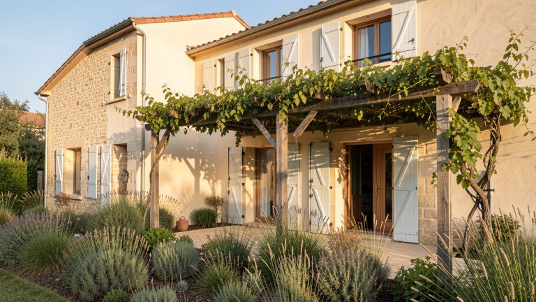 Maison contemporaine du Poitou en été, avec volets extérieurs fermés, pergola végétalisée et jardin ombragé.