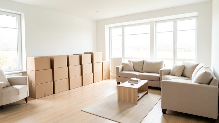 Salon lumineux et ordonné en préparation d’un déménagement, avec des cartons soigneusement rangés dans un intérieur presque vide.